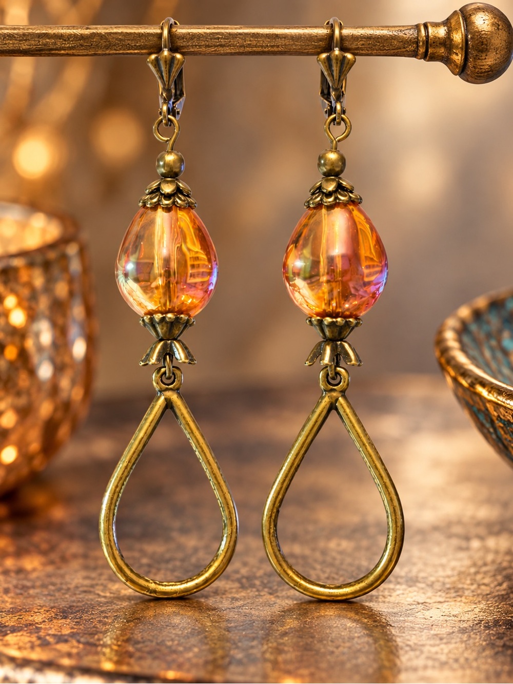 Handmade Amber AB Glass Teardrop Earrings Antique Brass Boho